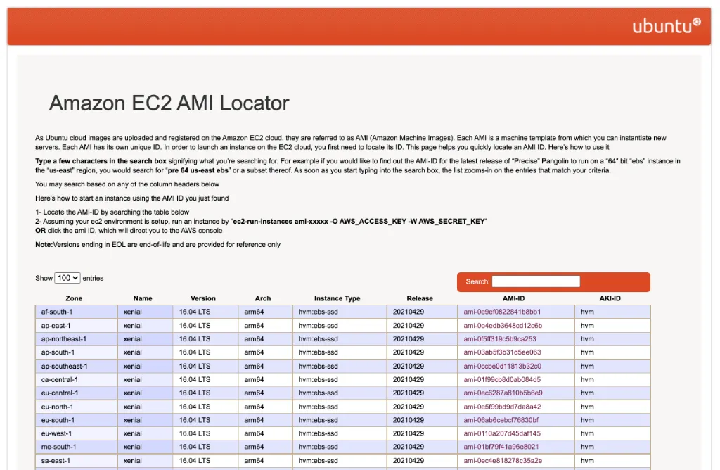 Ubuntu Amazon EC2 AMI Locator screenshot