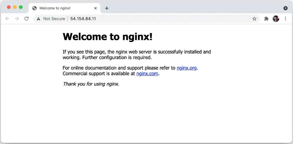 nginx default welcome page running on an Ubuntu-based EC2 on AWS