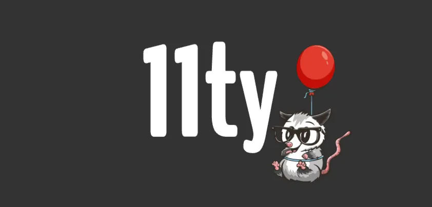 The eleventy logo with its mascot: a flying raccoon with a red balloon