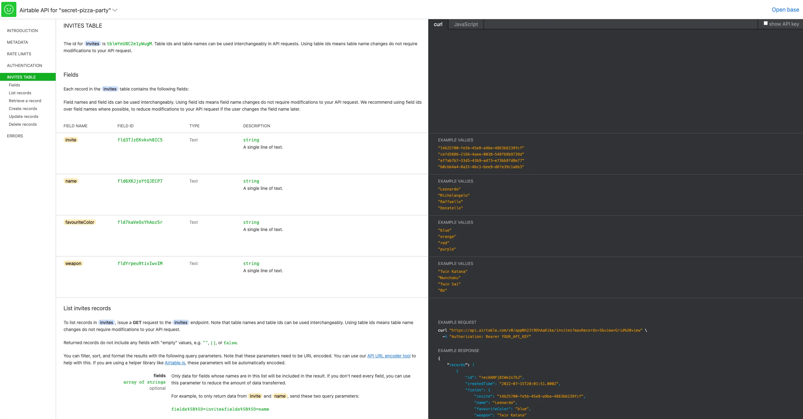 Example of documentation page for AirTable