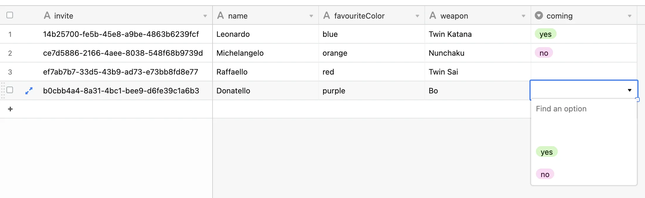 Airtable option field to track whether guests are coming or not