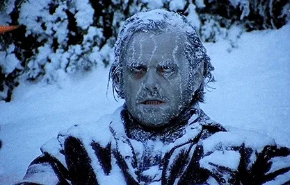 Close-up of a man covered in frost and snow, staring blankly in a wintry scene—an exaggerated 'end of year' mood.
