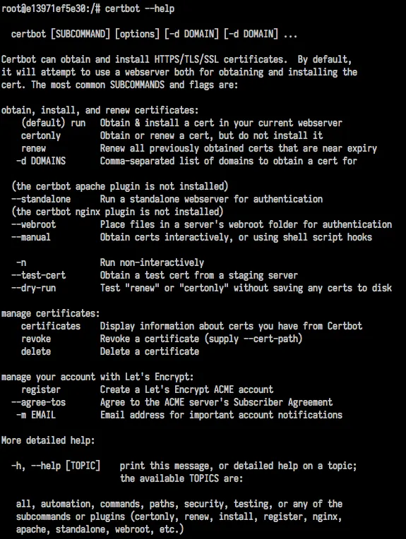 Certbot help output