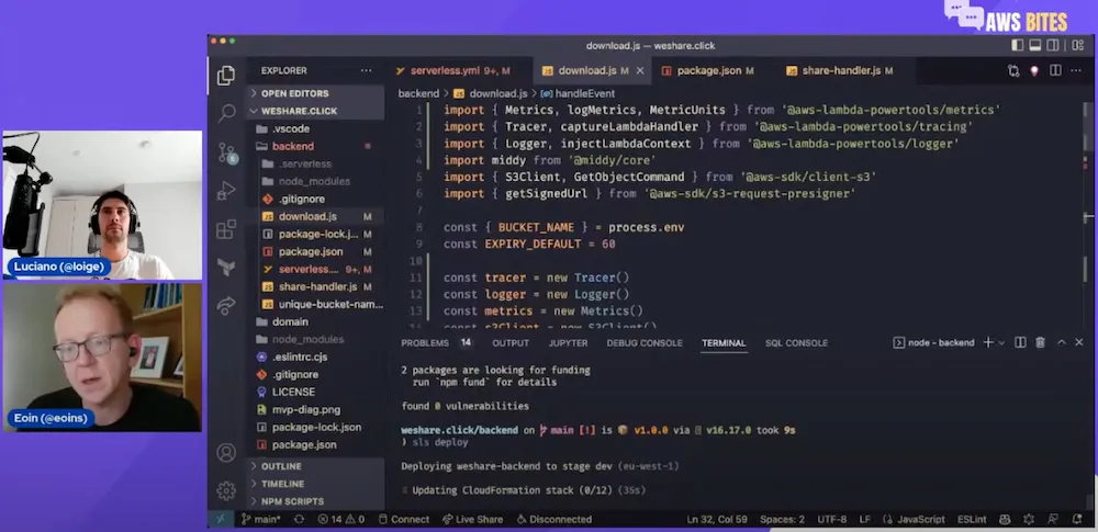 Screenshot of Luciano Mammino and Eoin Shanaghy live coding a serverless file transfer application on AWS