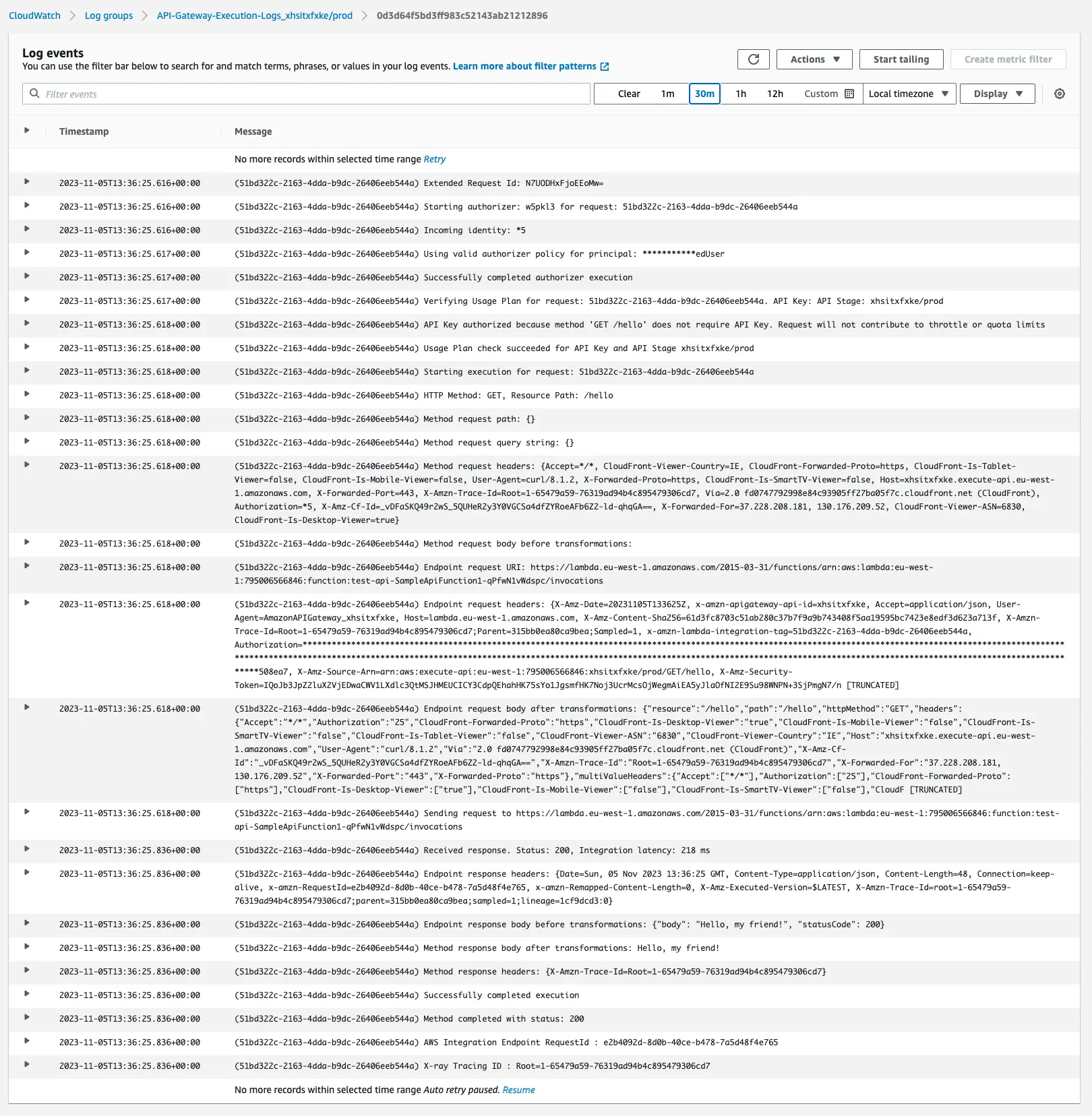 Example of API Gateway logs
