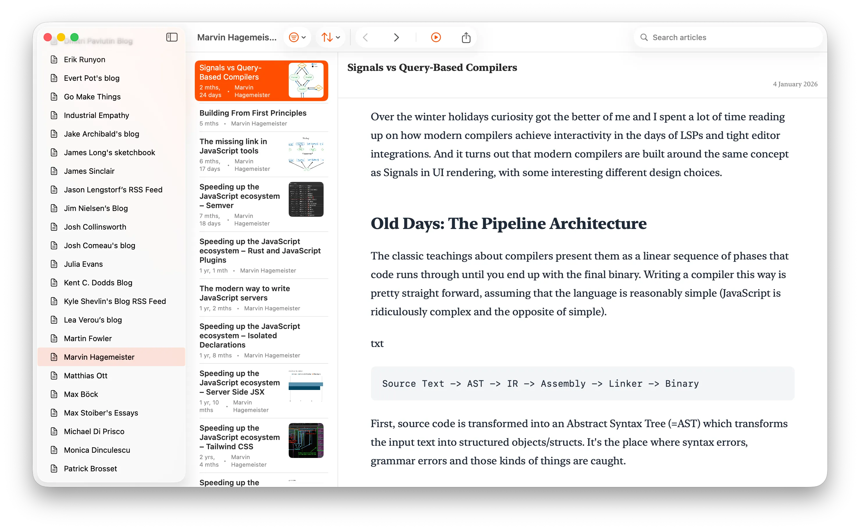 Screenshot of a desktop RSS reader showing the curated FullStack Bulletin OPML feed. The left sidebar lists blogs and writers included in the collection, the middle column shows recent posts from Marvin Hagemeister, and the main reading pane displays his article “Signals vs Query-Based Compilers.” The image highlights the newsletter’s inspiration sources and the kind of technical writing behind its curation.