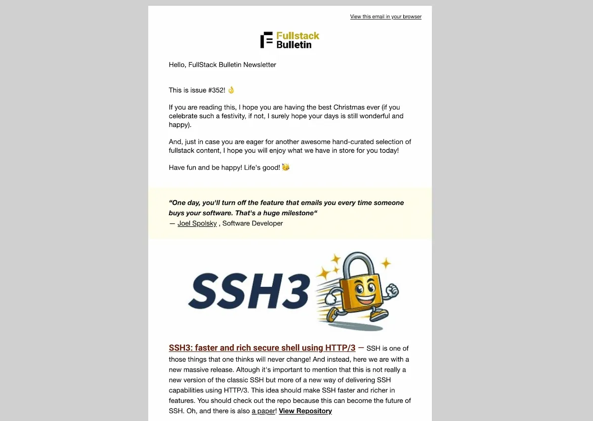 A screenshot of one of the latest issues of FullStack Bulletin - Issue #352 published on 2023-12-25