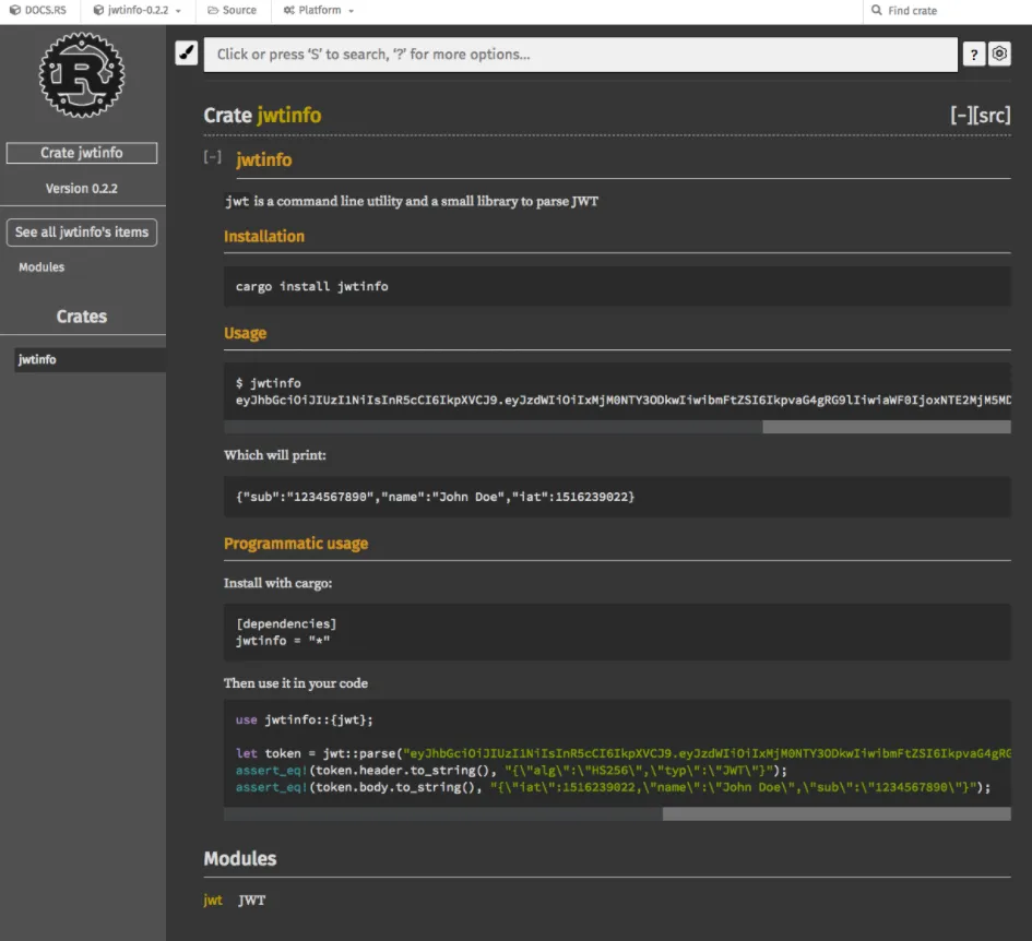 jwtinfo Rust docs page screenshot from the rendered docs in the browser