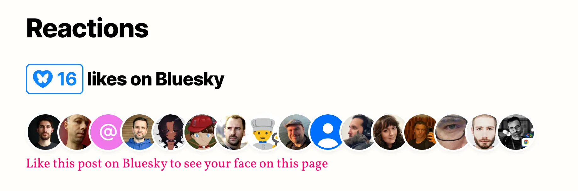 Screenshot of the Bluesky likes section at the bottom of Lea's article, showing the like count and a grid of avatars