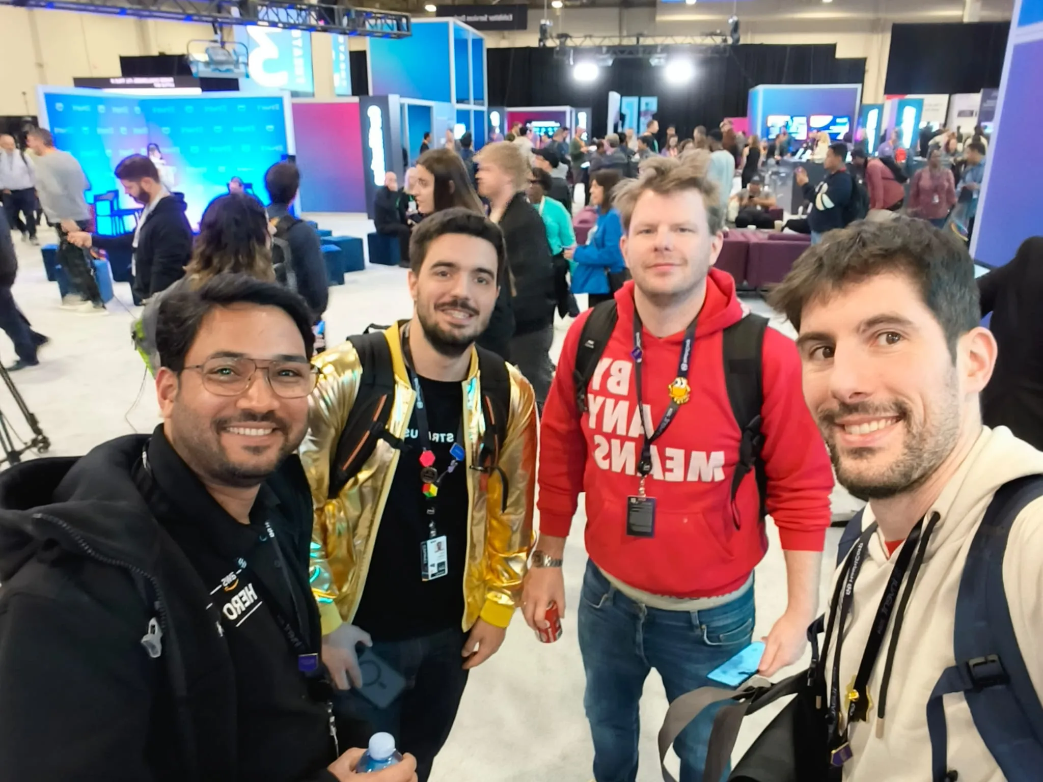 Luciano at re:Invent in a group picture with Anurag Kale, Ivan Casco Valero, and Marcus Bladh