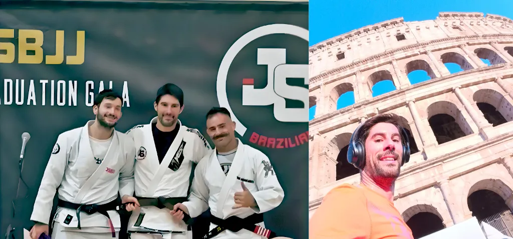 Left: A photo of Luciano Mammino and Jorge Santos at the Brown Belt graduation ceremony in Dublin. Right: A photo of Luciano Mammino running around the Colosseum in Rome