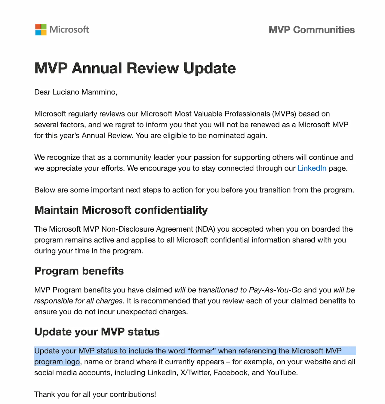 Screenshot of a Microsoft MVP Communities email titled 'MVP Annual Review Update' addressed to Luciano Mammino, stating the MVP award will not be renewed and highlighting instructions to update his status to 'former'