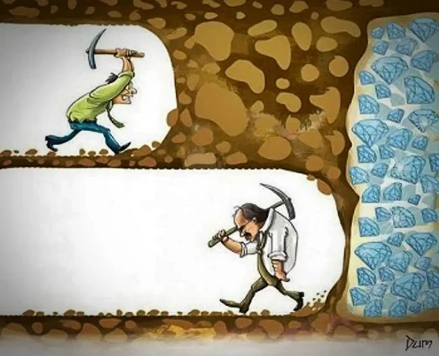 Cartoon of two miners digging through rock toward a wall of blue diamonds. The miner in the lower tunnel turns back and walks away just before reaching the gems, while the miner above keeps digging. The image symbolizes perseverance and the fear of giving up right before a breakthrough.