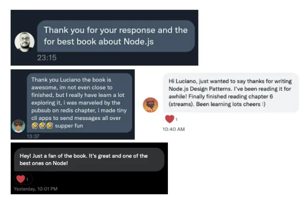 Spontaneous feedback about Node.js Design Patterns by a reader