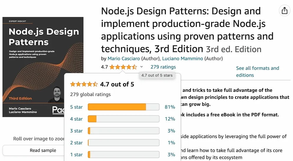 Node.js Design Patterns reviews on Amazon.com: 4.7/5.0 with 279 reviews