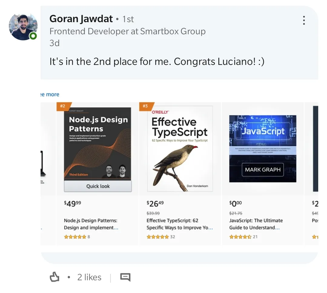 Node.js Design Patterns third edition second position on Amazon for the JavaScript category