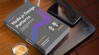 A picture of the cover of the Node.js Design Patterns book