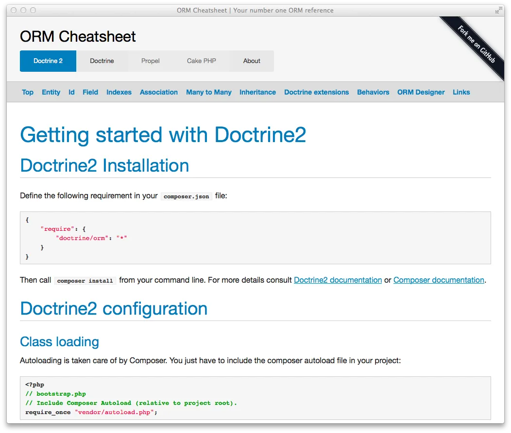 ORM Cheatsheet homepage screenshoot