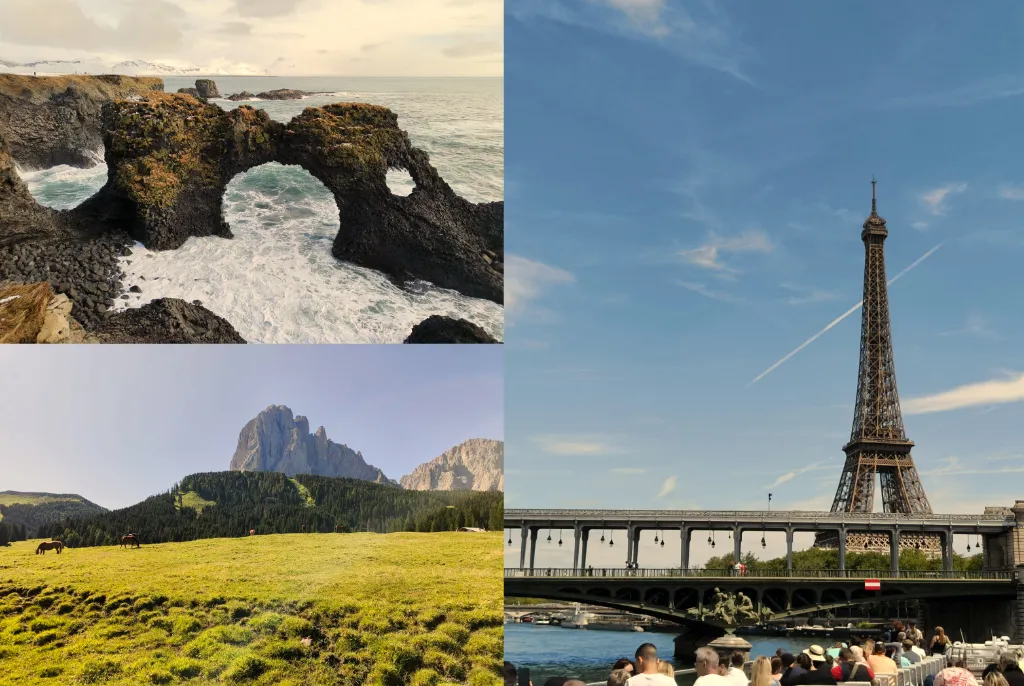 A frame with 3 pictures: Iceland (top left), Paris (right), and the Italian Alps (bottom left)