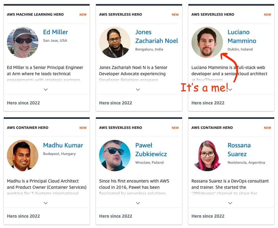 Some of the latest AWS Heroes awarded in 2022, including Luciano Mammino the author of this post