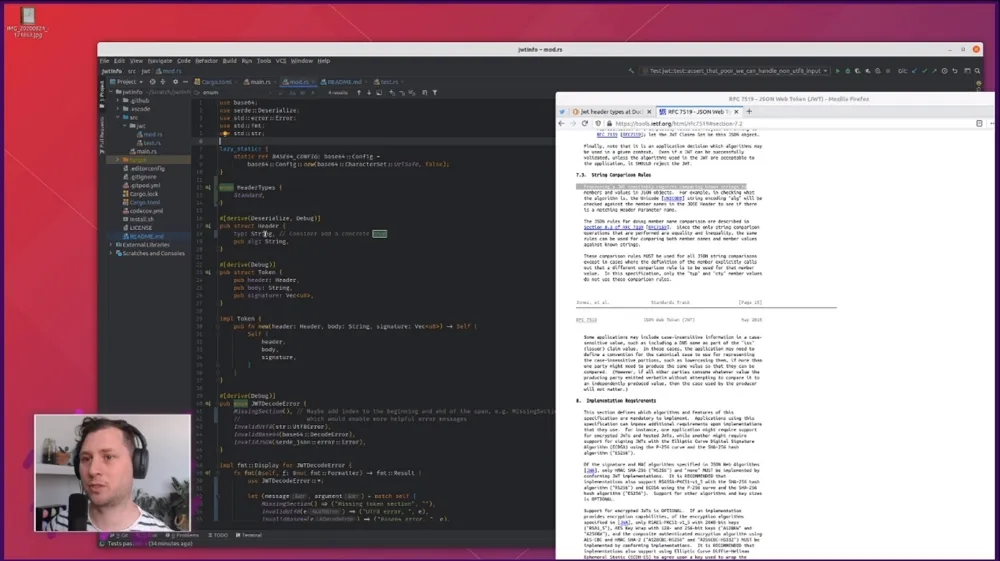 Tim McNamara (timclicks) reviewing the jwtinfo Rust crate on Twitch