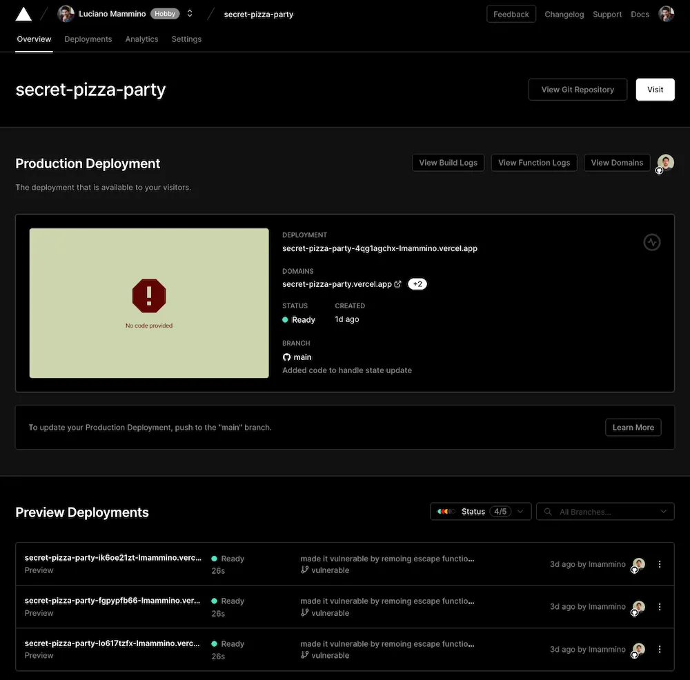 Vercel Application dashboard